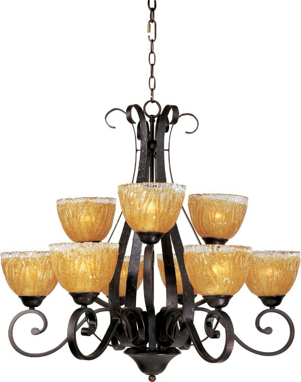 Foto para 100W Barcelona 9-Light Chandelier OI Amber Ice Glass MB Incandescent 72" Chain