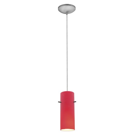 Foto para 100w Cylinder Glass Pendant E-26 A-19 Incandescent Dry Location Brushed Steel Red Glass 10"Ø4" (CAN 1.25"Ø5.25")