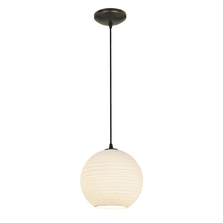 Foto para 18w L Japanese Lantern Glass Pendant GU-24 Spiral Fluorescent Dry Location Oil Rubbed Bronze White Lined Glass 12"Ø12" (CAN 1.25"Ø5.25")