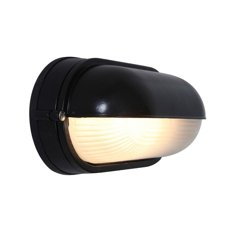 Foto para 60w Nauticus E-26 A-19 Incandescent Black Frosted Wet Location Bulkhead 8.25"x4.25" (CAN 8"x4.4"x1")