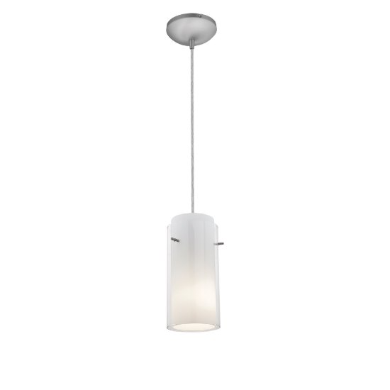 Foto para 11w Glass`n Glass Cylinder E-26 A-19 LED Dry Location Brushed Steel Clear Opal Cord Glass Pendant (CAN 1.25"Ø5.25")