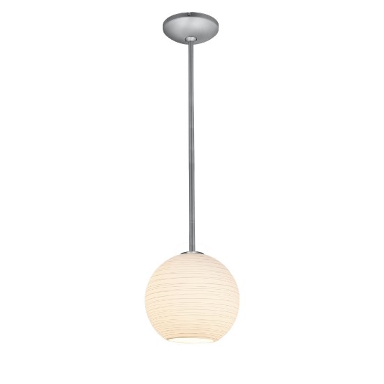 Foto para 11w (m) Japanese Lantern E-26 A-19 LED Dry Location Brushed Steel White Lined Rod Glass Pendant (CAN 1.25"Ø5.25")