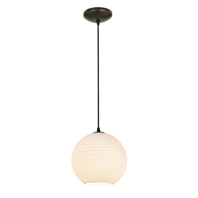 Foto para 11w (l) Japanese Lantern E-26 A-19 LED Dry Location Oil Rubbed Bronze White Lined Cord Glass Pendant (CAN 1.25"Ø5.25")