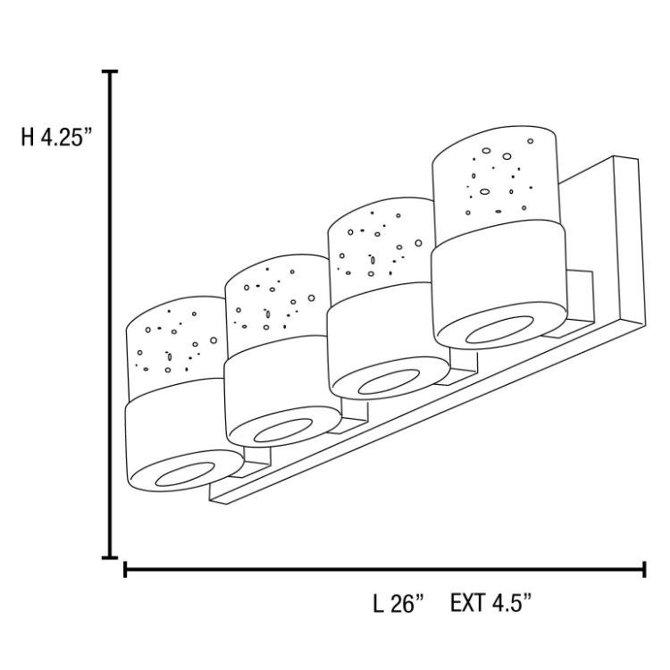 Foto para 4.5w (4 x 1.125) 1800lm 30k Bubbles Dimmable G9 Replaceable LED Damp Location Chrome Clear Solid Crystal 4-Light LED Vanity with OPL glass downlight (CAN 26"x4.25"x0.9")