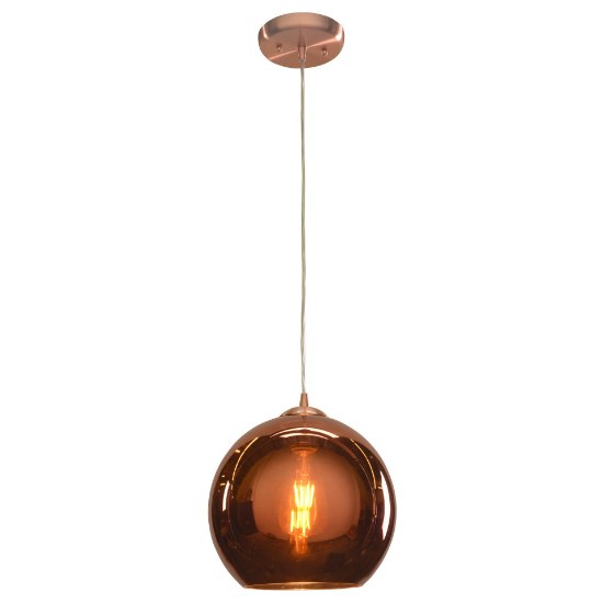 Foto para 11w 800lm 30k Glow E-26 Replaceable LED Dry Location Brushed Copper Copper Mirrored Glass Dimmable LED Pendant 10"Ø10" (OA HT 15-130") (CAN 1"Ø5")