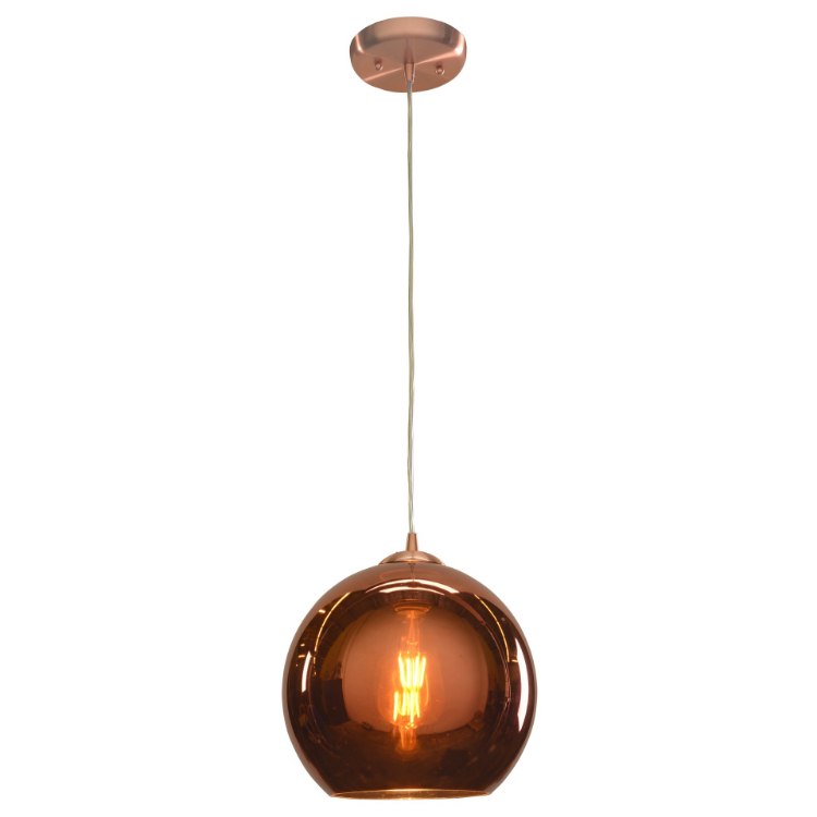 Foto para 11w 800lm 30k Glow E-26 Replaceable LED Dry Location Brushed Copper Copper Mirrored Glass Dimmable LED Pendant 10"Ø10" (OA HT 15-130") (CAN 1"Ø5")