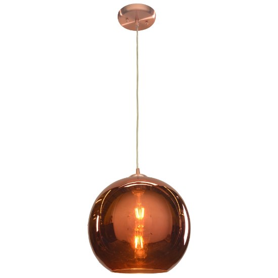 Foto para 11w 800lm 30k Glow E-26 Replaceable LED Dry Location Brushed Copper Copper Mirrored Glass Dimmable LED Pendant 12"Ø12" (OA HT 15-130") (CAN 1"Ø5")
