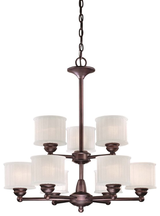 Foto para 100w SW 9 Light Chandelier Lathan Bronze Etched Glass-Box Pleat