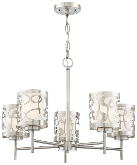 Picture of 60w SW 5 Light Chandelier Brushed Nickel Etched White Glass