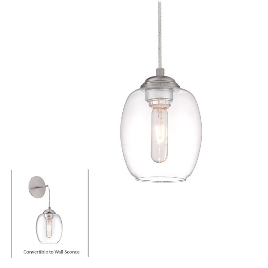 Picture of 60w SW 1 Light Mini Pendant (Convertible To Wall Sconce) Brushed Nickel Clear