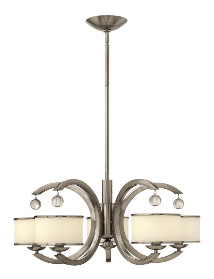 Foto para 60w Chandelier Monaco CAND Etched Opal Metal Trimmed Glass Shade Brushed Nickel Stem Hung