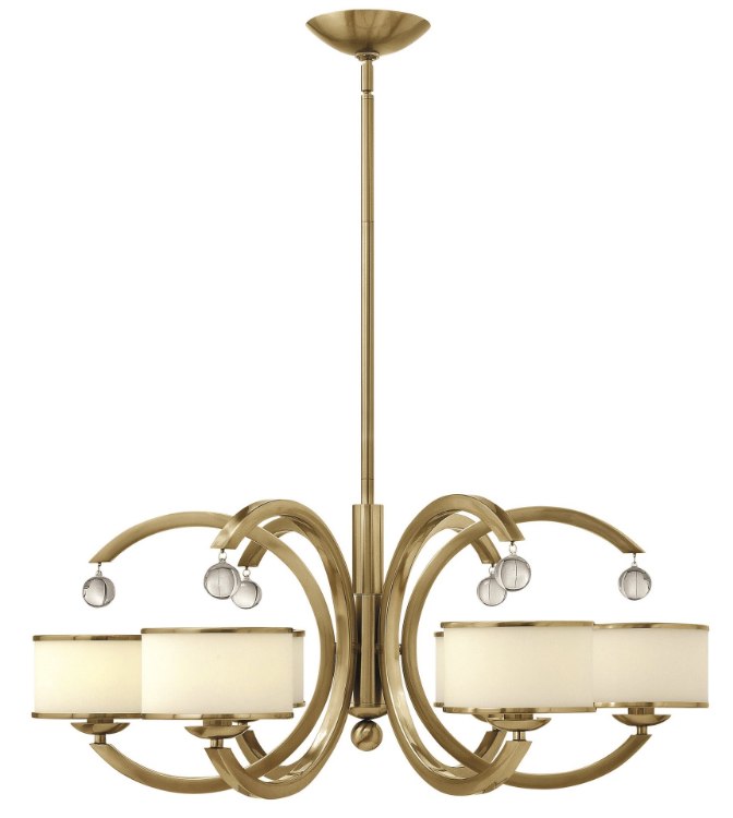 Foto para 60w Chandelier Monaco CAND Etched Opal Metal Trimmed Glass Shade Brushed Caramel Stem Hung