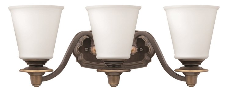 Foto para 100w Bath Plymouth MED Etched Opal Olde Bronze Bath Three Light