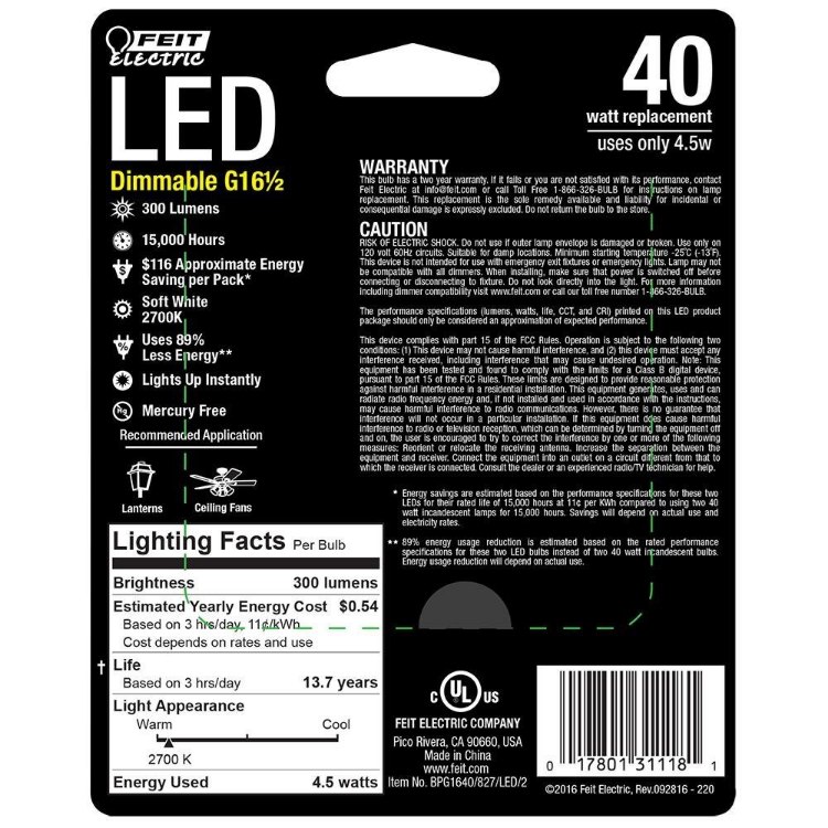 Foto para 4.5w 300lm ≅40w E12 SW Clear G16½ Globe Dimmable Candelabra Base LED Filament Light Bulb (2-Pack)