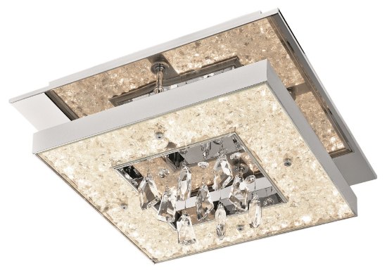 Foto para 992lm Crushed Ice Clear Glass With Crystals Gems + Hanging Crystal Accents Chrome Integrated LED warm white LED 1 (light) square flush mount