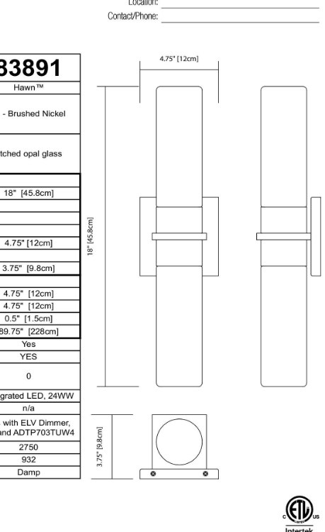 Foto para 24w 933lm Hawn Etched Opal Glass Brushed Nickel Integrated LED Sconce