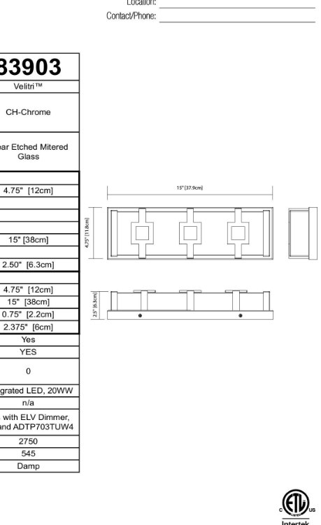 Foto para 20w 545lm Velitri Clear Etched Mitered Glass Chrome Integrated LED Vanity