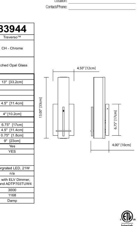 Foto para 21w 1168lm Traverso Etched Opal Glass Chrome Integrated LED SCONCE