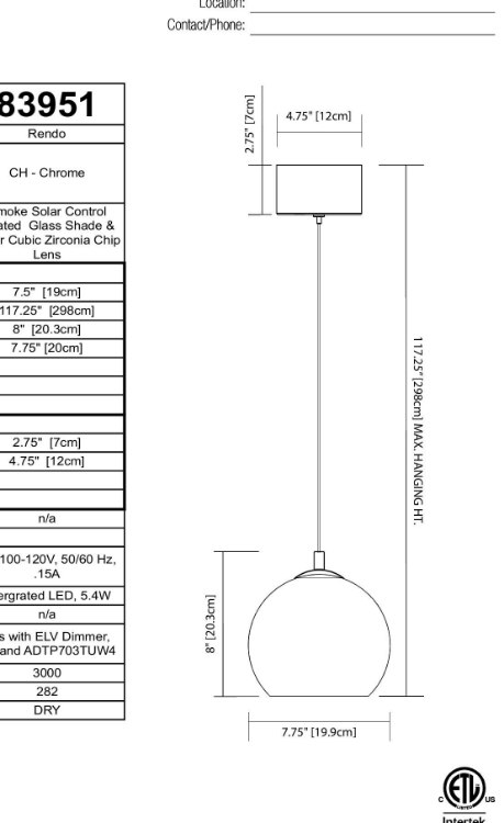 Foto para 5w 282lm Rendo Smoke Solar Control Coated  Glass Shade & Clear Cubic Zirconia Chip Lens Chrome Integrated LED Pendant