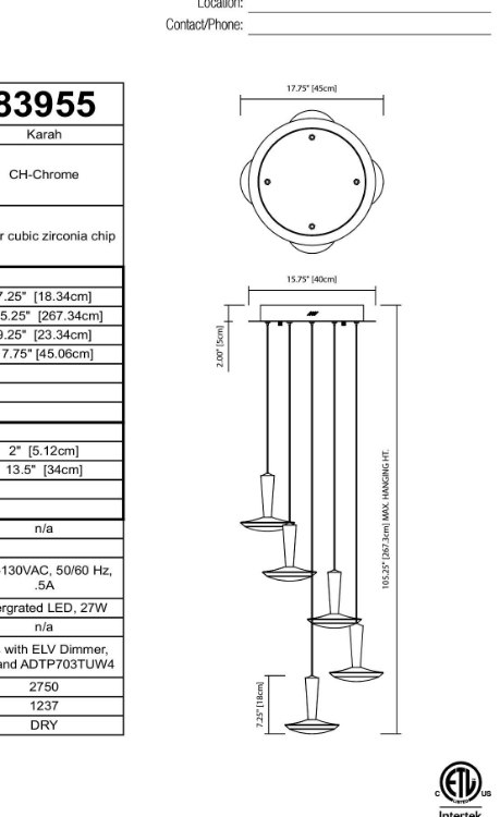 Foto para 27w 1237lm Karah Clear Cubic Zirconia Chip Chrome Integrated LED 5 light spiral pendant