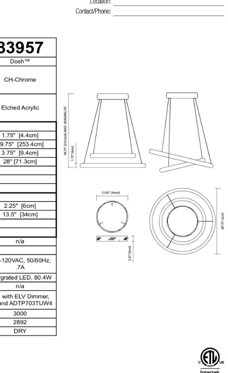 Foto para 80w 2892lm Dosh Etched Acrylic Chrome Integrated LED 2 Ring LED Pendant