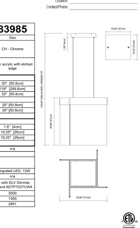 Foto para 13w 1365lm Geo Clear Acrylic With Etched Edge Chrome Integrated LED Pendant