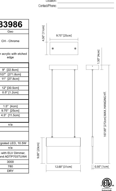 Foto para 11w 781lm Geo Clear Acrylic With Etched Edge Chrome Integrated LED Pendant
