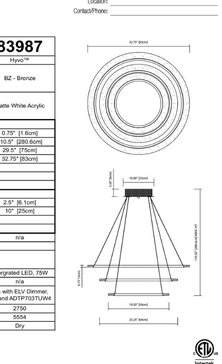 Foto para 75w 5555lm Hyvo Matte White Acrylic Bronze Integrated LED 3 Ring LED Pendant