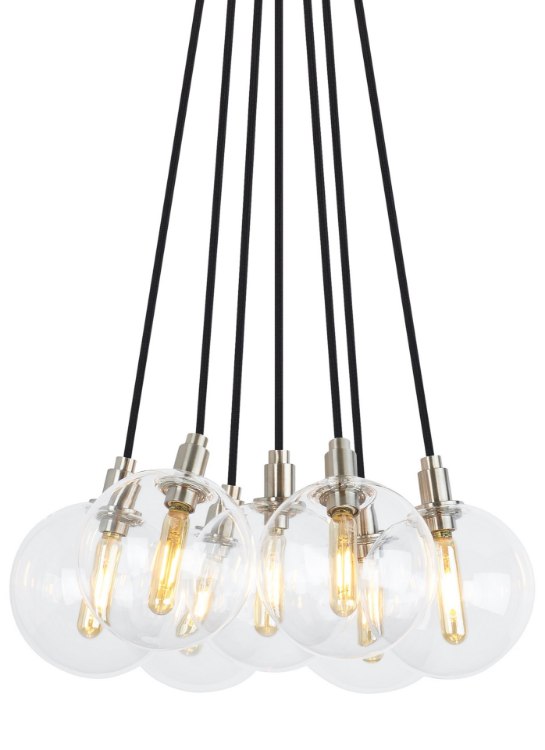 Foto para 2w Gambit 22k Transparent Glass Globe Aged Brass E12 T6 90cri Gambit 7-Lite Chandelier 7-L CL AB -LED922