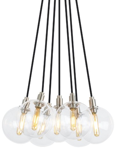 Picture of 2w Gambit 27k Transparent Glass Globe Aged Brass E12 T6 90cri Gambit 7-Lite Chandelier 7-L CL AB -LED927