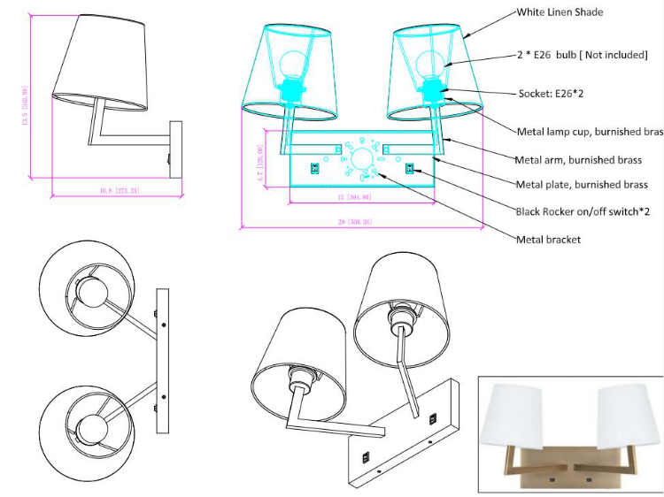 Foto para 20" Burnished Brass Dual Headboard Lamp